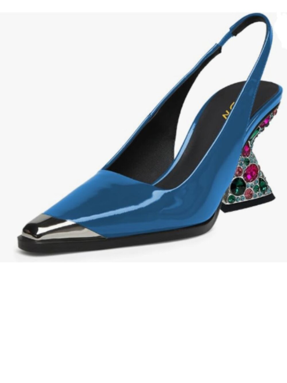 YDN Blue Studded Pumps Elastic Slingback Colorful Chunky High Heels Metal Shoes